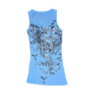Ribbed blue rhinestone cross tank top  distressed size small unknown brand